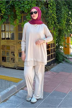 26Y6672 - BEJ - TÜL DETAYLI TUNİKLİ TAKIM