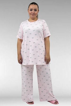 67801 Büyük Beden Kısakol Desenli  Pijama Takımı - Antrasit Kurdele Desenli