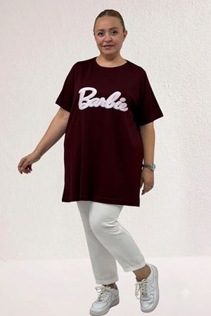 68509 Büyük Beden Önü Baskılı Biyeli İnce Modal Tişört - Bordo