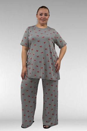 67801 Büyük Beden Kısakol Desenli  Pijama Takımı - Kırmızı Kurdele Desenli
