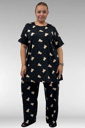 67801 Büyük Beden Kısakol Desenli  Pijama Takımı - Ayıcık Desenli