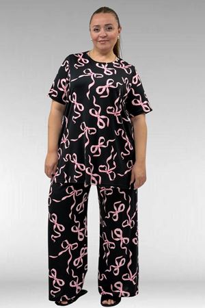 67801 Büyük Beden Kısakol Desenli  Pijama Takımı - Pembe Kurdele Desenli