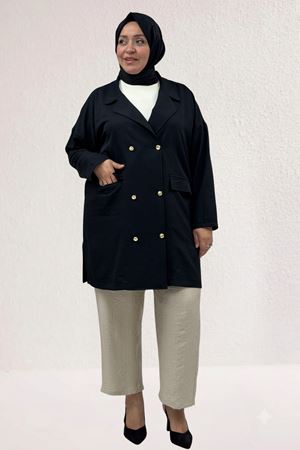 63015 Büyük Beden Mostralı Keten Blazer Ceket - Siyah