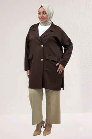 63015-1 Büyük Beden Mostralı Blazer Ceket - Kahve