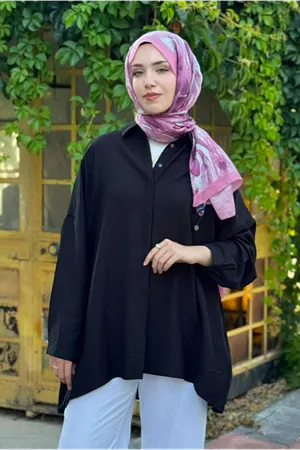 26Y6502 - SİYAH  -  İPEK MODAL OVERSİZE GÖMLEK 