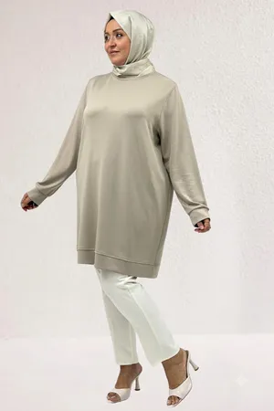 68052 Büyük Beden Kendi Kumaşından Ribanalı Modal Tunik - Vizon