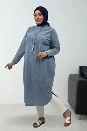 68050 Büyük Beden Yarım Patlı Kot Tensel Tunik - Kar Yıkama Buz Mavi