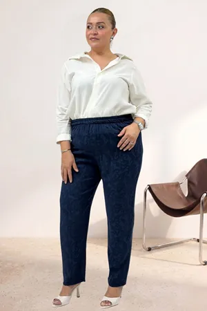 69016 Büyük Beden Beli Lastikli Cepli Jakar Pantolon - Lacivert