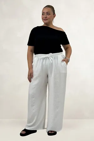 69012 Büyük Beden Beli Lastikli Cepli Bol Paça Double Tensel Pantolon - Ekru