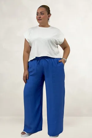 69012 Büyük Beden Beli Lastikli Cepli Bol Paça Double Tensel Pantolon - İndigo