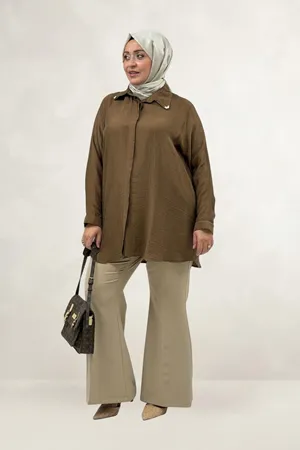 68089 Büyük Beden İnci Dikmeli Double Liyosell Tunik - Kahve