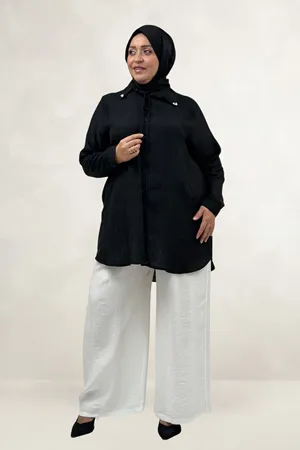 68089 Büyük Beden İnci Dikmeli Double Liyosell Tunik - Siyah