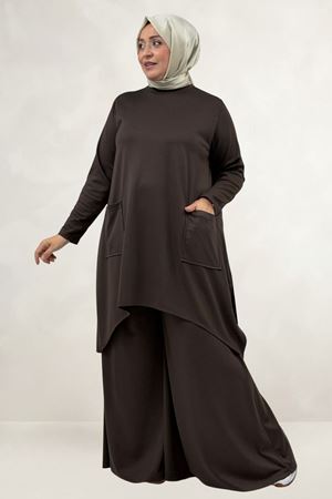 68086 Büyük Beden Eteği Oval Kesim Modal Tunik - Kahve
