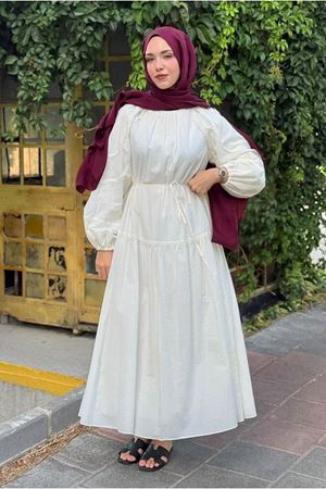 26Y7458 - EKRU - DANTEL YAZ ELBİSE