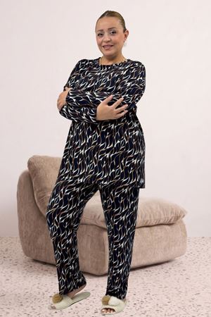 67810 Büyük Beden Uzunkol Desenli Süet Pantolonlu Pijama Takımı - Laci-Vizon Desenli