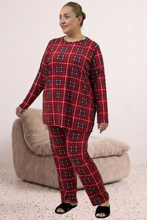 67810 Büyük Beden Uzunkol Desenli Süet Pantolonlu Pijama Takımı - Bordo Kare Desenli