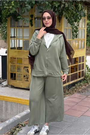 27K2257 - YEŞİL - MY MAGAZİN - MODAL KUMAŞ  BOL PAÇA PANTOLONLU İKİLİ TAKIM