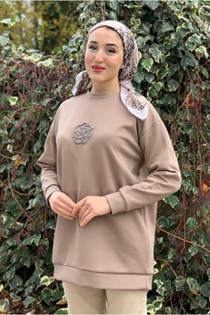 27K4445 - VİZON - MY MAGAZİN - ÇİÇEK TAŞ İŞLEMELİ SCUBA SWEAT