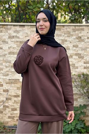 27K4445 - KAHVE - MY MAGAZİN - ÇİÇEK TAŞ İŞLEMELİ SCUBA SWEAT