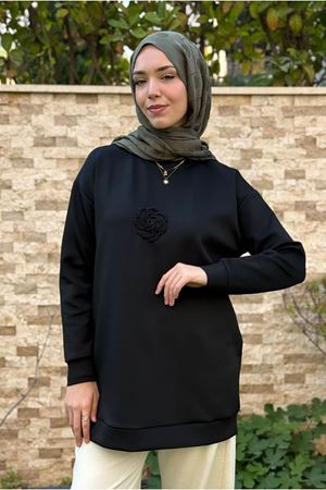 27K4445 - SİYAH - MY MAGAZİN - ÇİÇEK TAŞ İŞLEMELİ SCUBA SWEAT