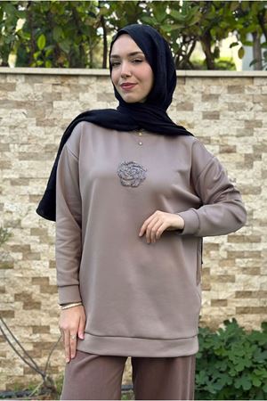 27K4445 - VİZON - MY MAGAZİN - ÇİÇEK TAŞ İŞLEMELİ SCUBA SWEAT