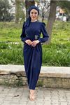 24Y9290 - LACİVERT - BELİ BROŞLU SATEN ABİYE ELBİSE