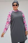 1734 Büyük Beden  Reglan Kol Tesettür Mayo - Pembe - Gri