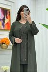 25Y5050 - HAKİ - BÜYÜK BEDEN TAŞLI ABİYE PANTOLONLU TAKIM