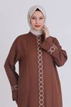 25Y35120 - KAHVE/BEJ - Büyük Beden Tesettür Keten Pantolonlu Takım
