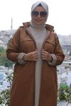 33068 Büyük Beden Kapüşonlu Bondit Kap- Camel
