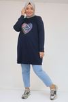 58141 Büyük Beden Önünde Kalp Baskılı Modal Tunik - Lacivert