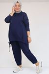 57045 Büyük Beden Önü Bağlama İp Detaylı Modal Pantolonlu Takım - İndigo