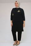 58143 Büyük Beden Düşük Kollu Aksesuar Detaylı Mir Tunik - Siyah