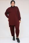 47093 Büyük Beden Eteği Parça Detaylı Pantolonlu Modal Takım - Bordo