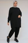 47093 Büyük Beden Eteği Parça Detaylı Pantolonlu Modal Takım - Siyah