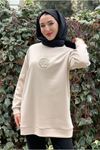 26K4445 - BEJ - ÇİÇEK TAŞ İŞLEMELİ SCUBA SWEAT