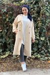 26K5326 - KREM - GABARDİN UZUN TRENCH  KOT