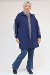 53060 Büyük Beden Omuzdan Şeritli Kapitone Fermuarlı Ceket - İndigo-Gri