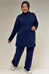 47069 Büyük Beden Çıma Detaylı Modal Pantolonlu Takım - İndigo