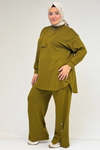 57034 Büyük Beden Çift Düğme Detaylı Modal Pantolonlu Takım - Yağ Yeşili