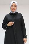 F-58024 Büyük Beden Yaka Ve Kol Manşeti Taşlı Keten Tunik - Siyah