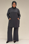 67031 Büyük Beden Yanları Cep Detaylı Pantolonlu Sandy Takım - Antrasit