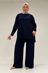 67033 Büyük Beden  Etek Ucu Parçalı Sandy Pantolonlu Takım - Lacivert