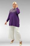 68011 Büyük Beden Önü Taş Detaylı Penye Tunik - Mor