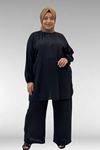 67039 Büyük Beden Yarım Patlı Sıfır Yaka Müslin Pantolonlu Takım - Siyah