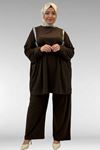 67022 Büyük Beden Omzu Taş Detaylı Sandy Pantolonlu Takım - Kahve