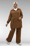 67015 Büyük Beden Cepleri D Toka Detaylı Müslin Pantolonlu Takım - Kahve