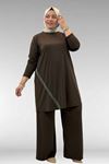 67043 Büyük Beden Püskül Detaylı Sandy Pantolonlu Takım - Kahve