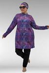 1727 Büyük Beden Uzunkol Tesettür Mayo Takım - Yaprak Desen Mor-Siyah