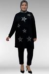 68027 Büyük Beden Yıldız Taş Baskılı Penye Tunik - Siyah